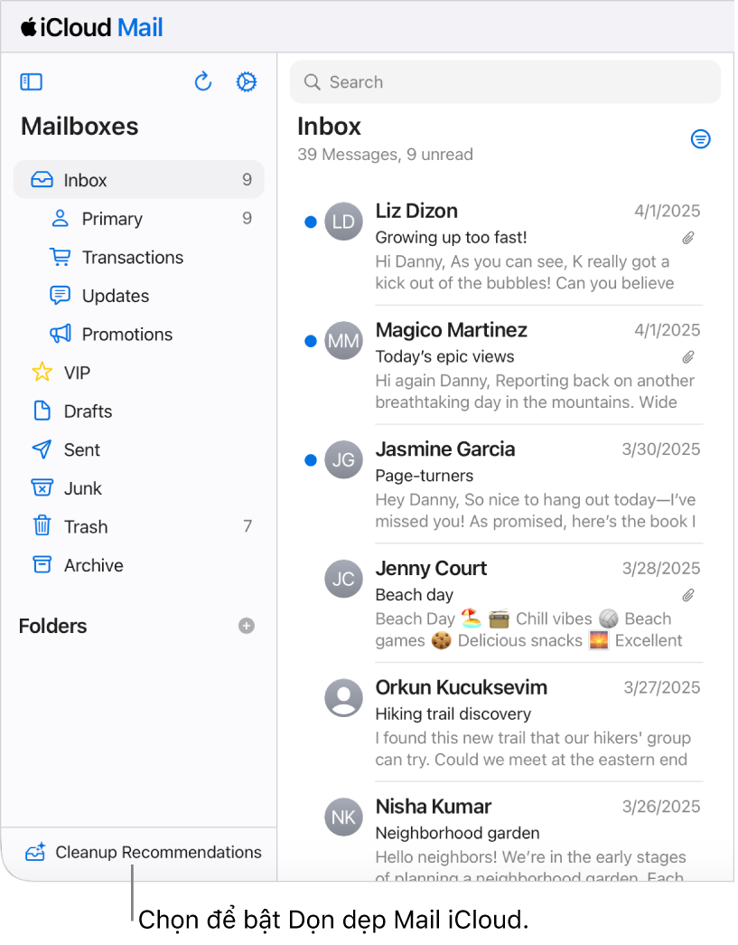 Nút Đề xuất dọn dẹp ở cuối danh sách Hộp thư.