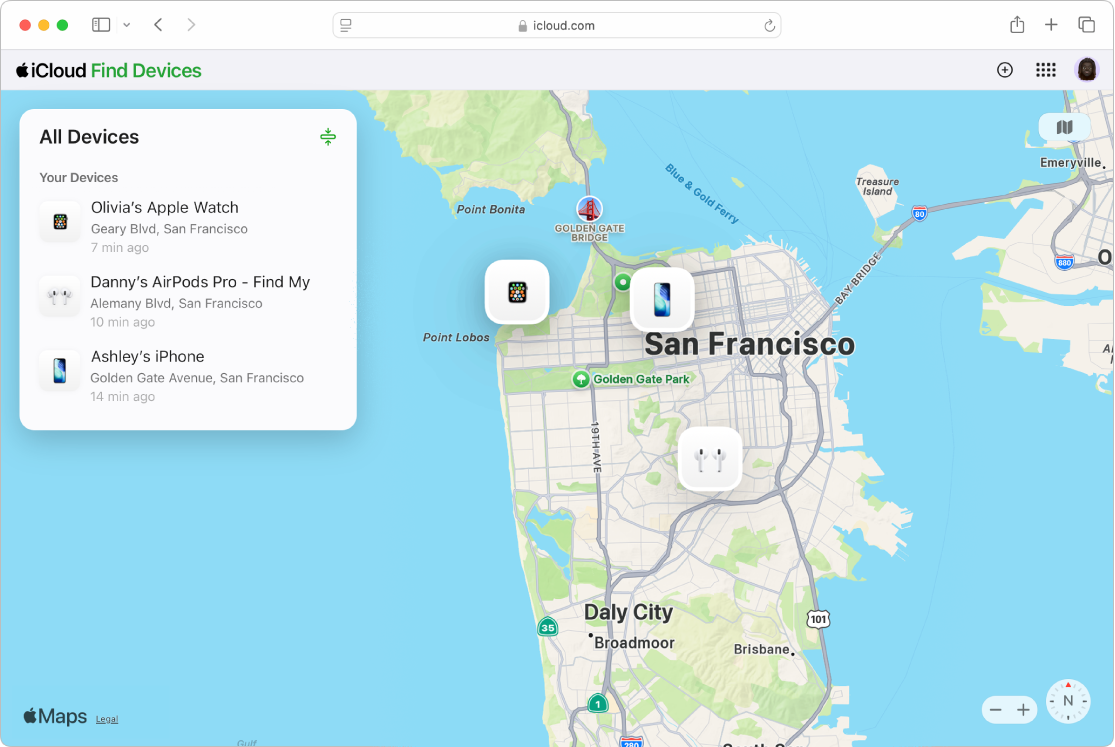 Tìm Thiết Bị trên iCloud.com đang mở trong Safari trên máy Mac. Vị trí của hai thiết bị được hiển thị trên bản đồ San Francisco.