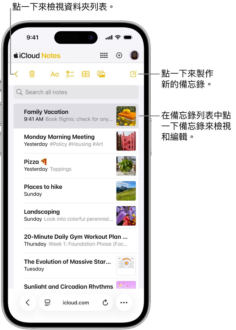 手機 iCloud.com 上開啟的備忘錄列表。