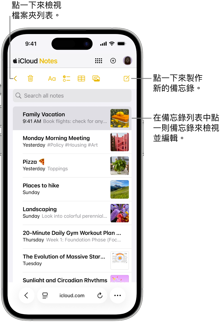 手機上 iCloud.com 上打開的備忘錄列表。