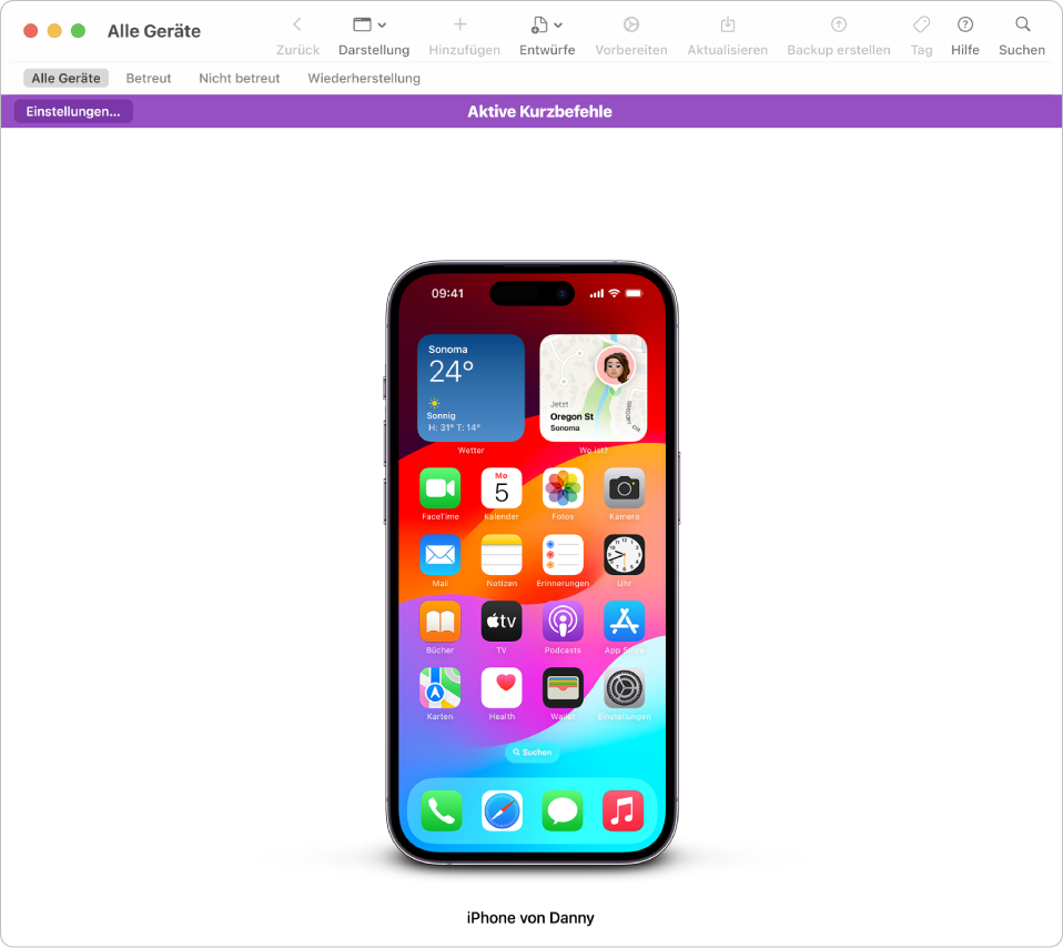 Ein Apple Configurator-Fenster zeigt die aktiven Kurzbefehle für Anschließen/Trennen; in der Mitte des Fensters befindet sich ein iPhone-Bildschirm.