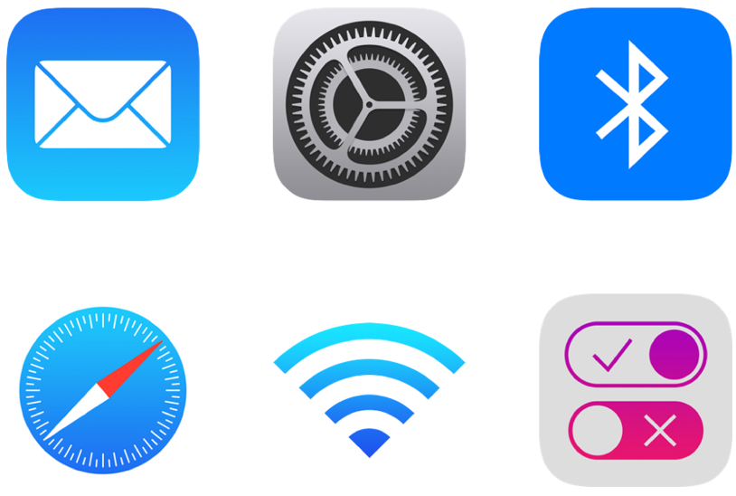 「メール」、「設定」、Bluetooth、Safari、Wi-Fi、および通知センターの構成プロファイルのアイコン。