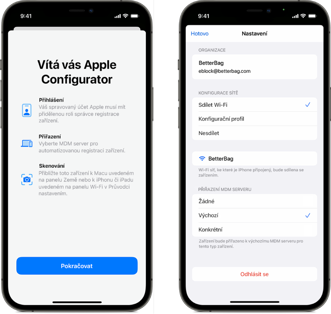 V Apple Configuratoru pro iPhone jsou vidět dvě obrazovky. Na hlavní obrazovce je vidět uvítací okno. Na přidružené obrazovce je pro automatické přiřazení zařízení vybraná výchozí služba správy zařízení.