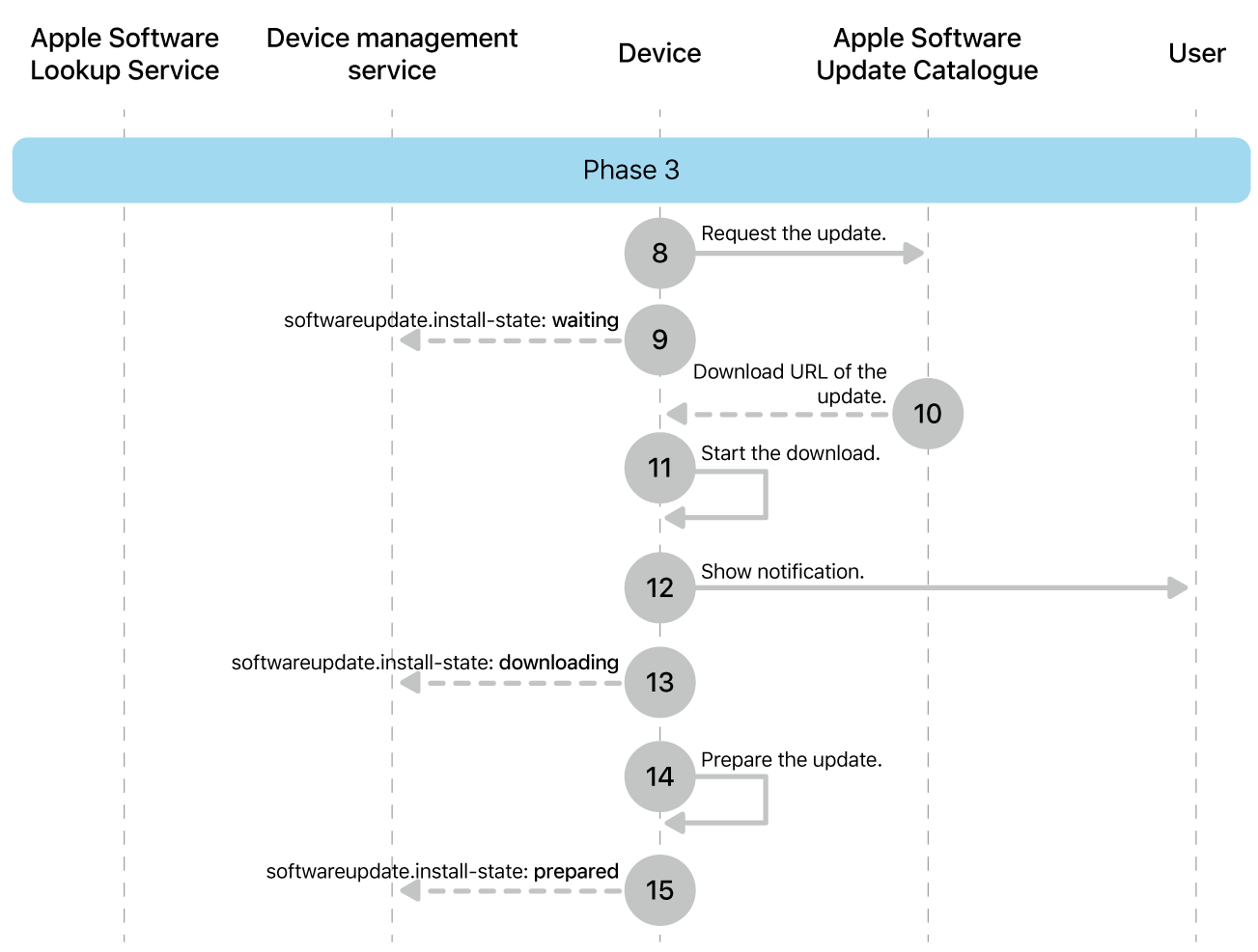 Phase 3 showing steps 8 to 16 of Apple software update enforcement.