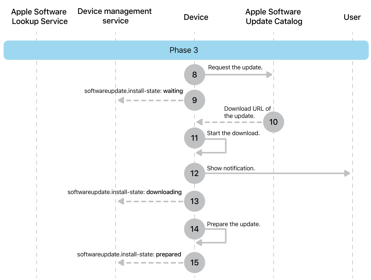 Phase 3 showing steps 8 through 16 of Apple software update enforcement.