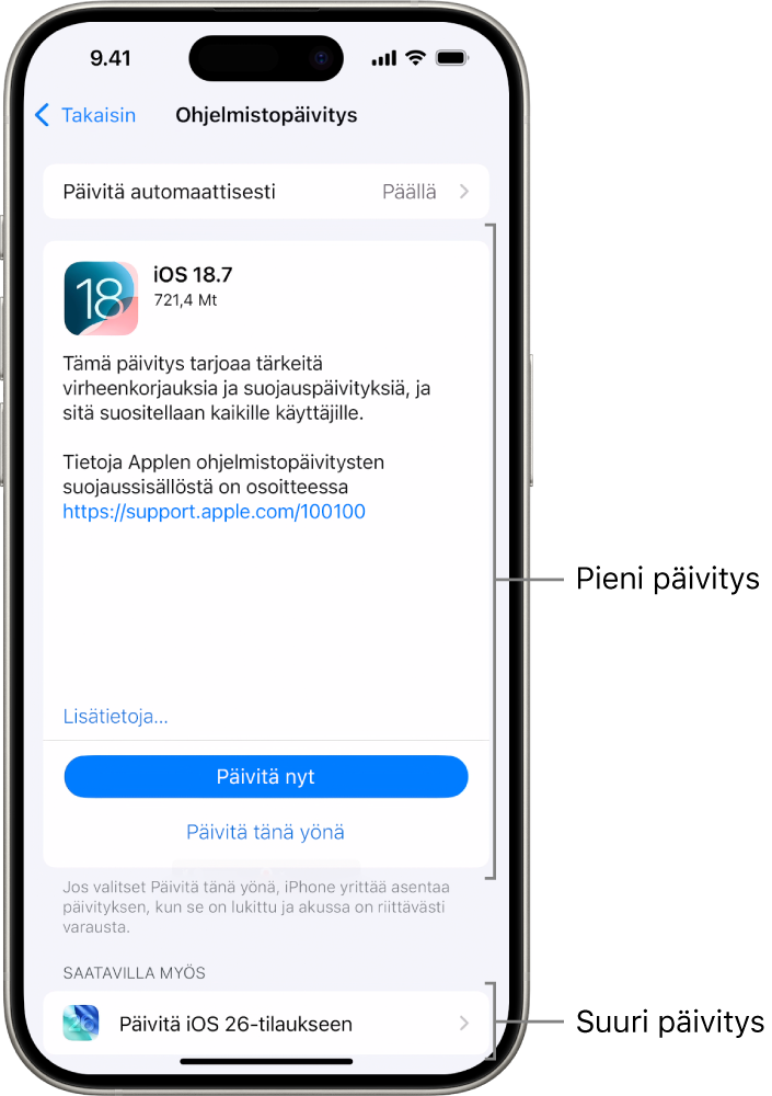 iPhonen näyttö, jossa näkyy pieni päivitys iOS 18.7:ään tai suuri päivitys iOS 26:een.