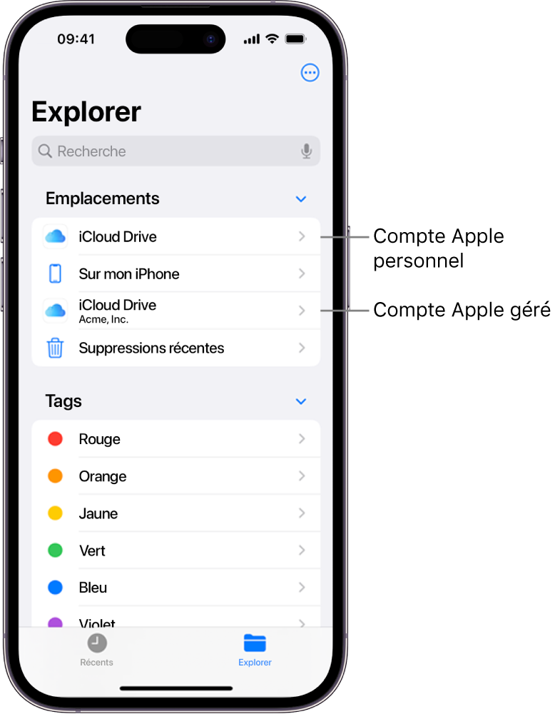 L’écran d’un iPhone affichant deux iCloud Drive, l’un utilisant un compte Apple personnel et l’autre utilisant un compte Apple géré.