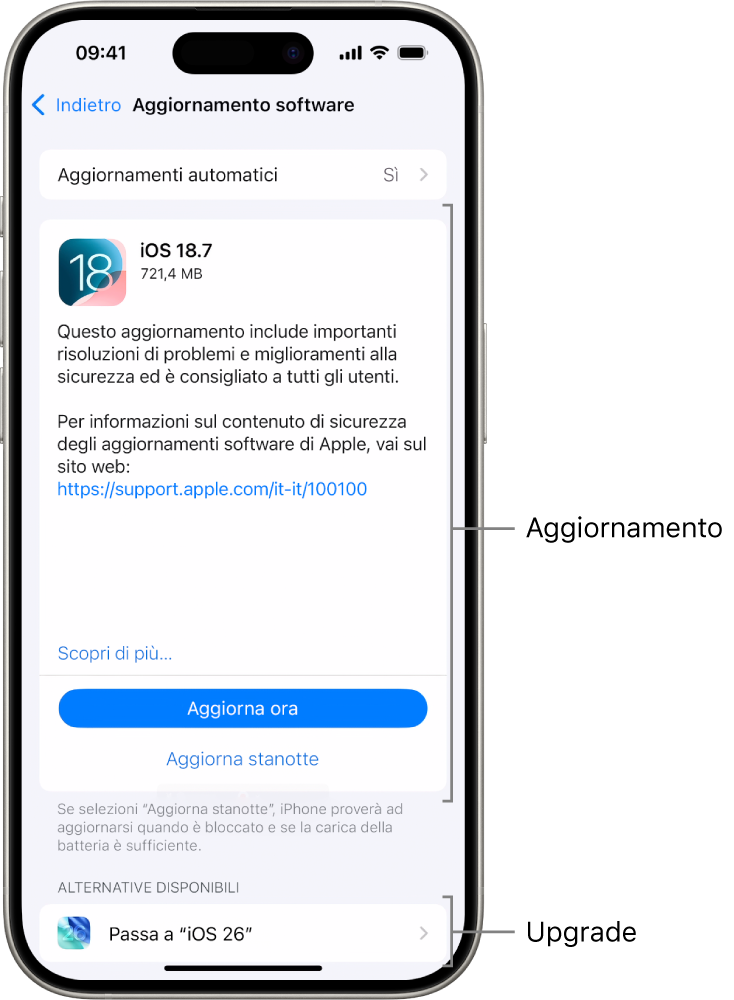Una schermata di iPhone che mostra un aggiornamento a iOS 18.7 o un upgrade a iOS 26.
