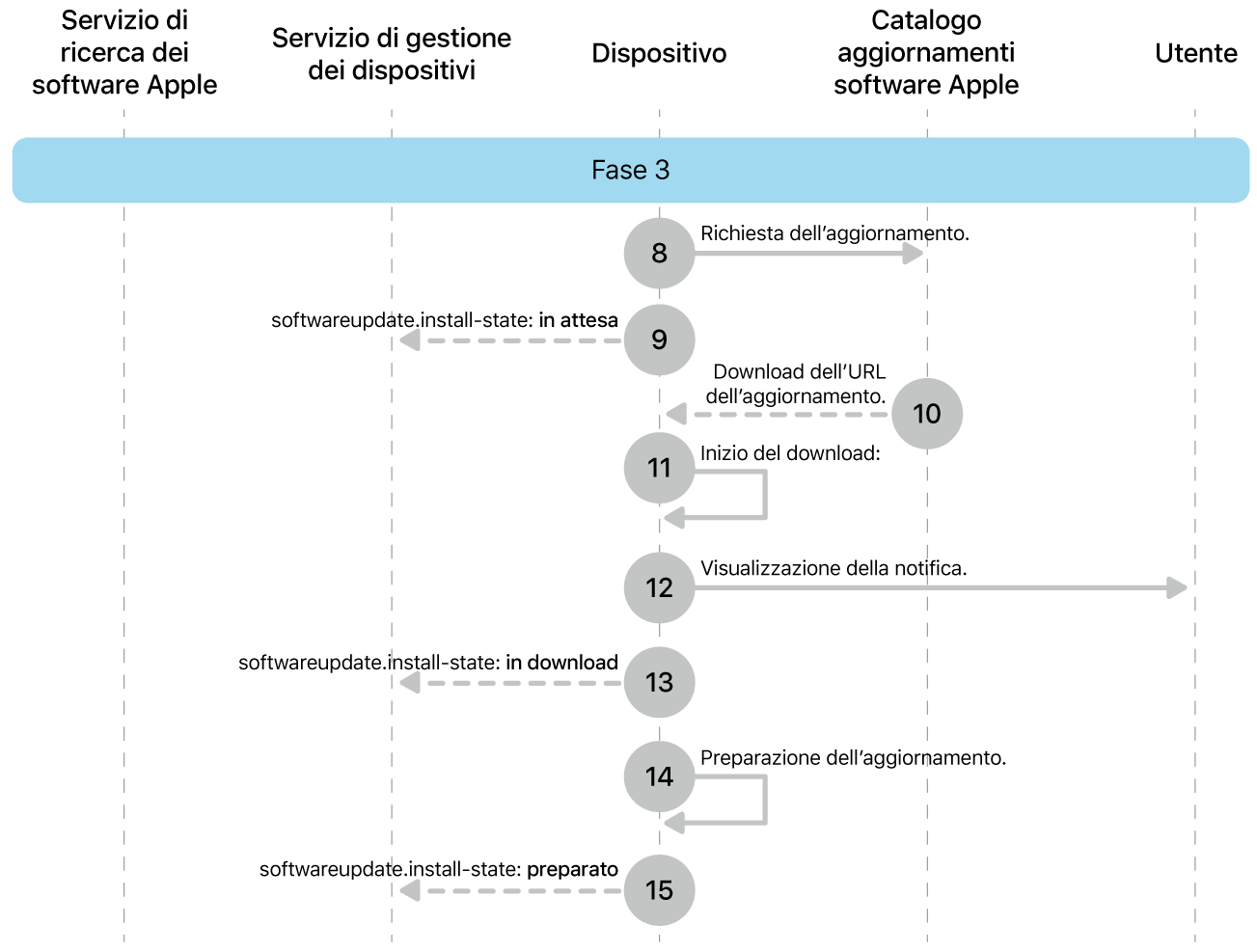 La fase 3 che mostra i passaggi da 8 a 16 dell’implementazione obbligatoria dell’aggiornamento software Apple.