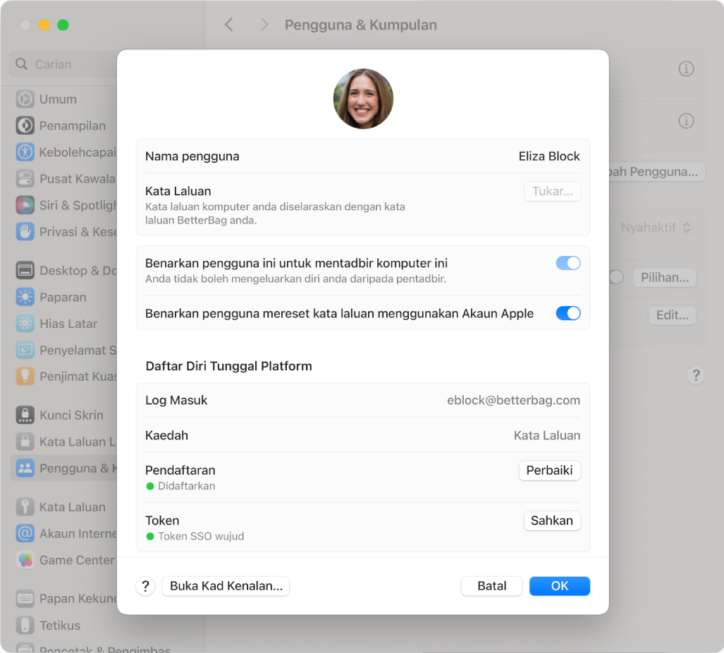 Tetingkap Mac menunjukkan pengguna yang mendaftar masuk menggunakan SSO Platform.