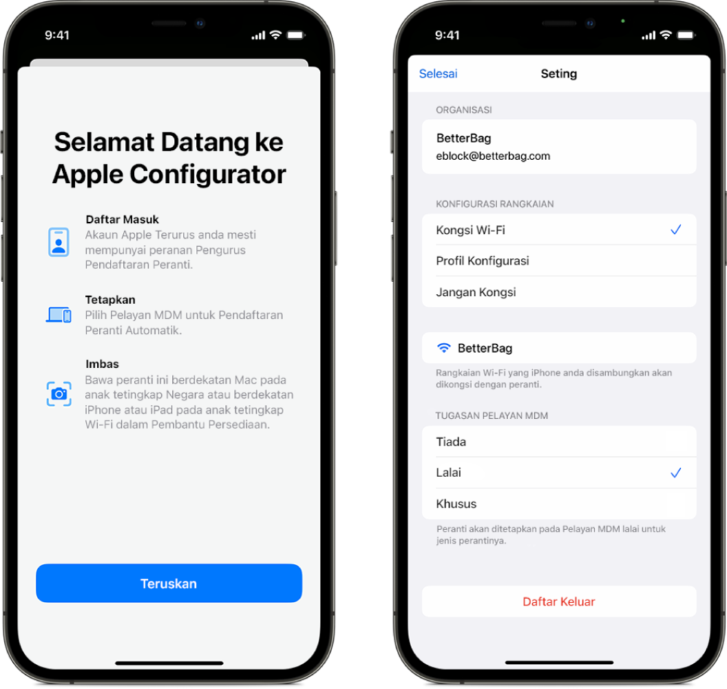 Imej Apple Configurator untuk iPhone yang menunjukkan dua skrin. Satu ialah skrin utama yang menunjukkan tetingkap Selamat Datang dan yang kedua menunjukkan perkhidmatan pengurusan peranti lalai yang dipilih sebagai penetapan automatik untuk peranti.