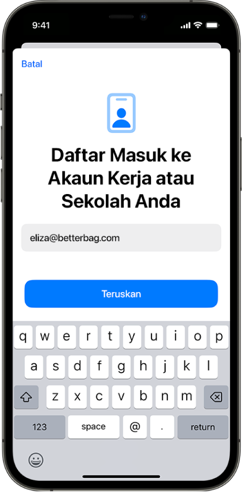 Skrin iPhone menunjukkan antara muka Pendaftaran Pengguna.