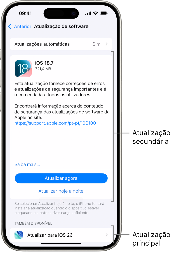 O ecrã de um iPhone com uma atualização secundária para o iOS 18.7 ou uma atualização principal para o iOS 26.