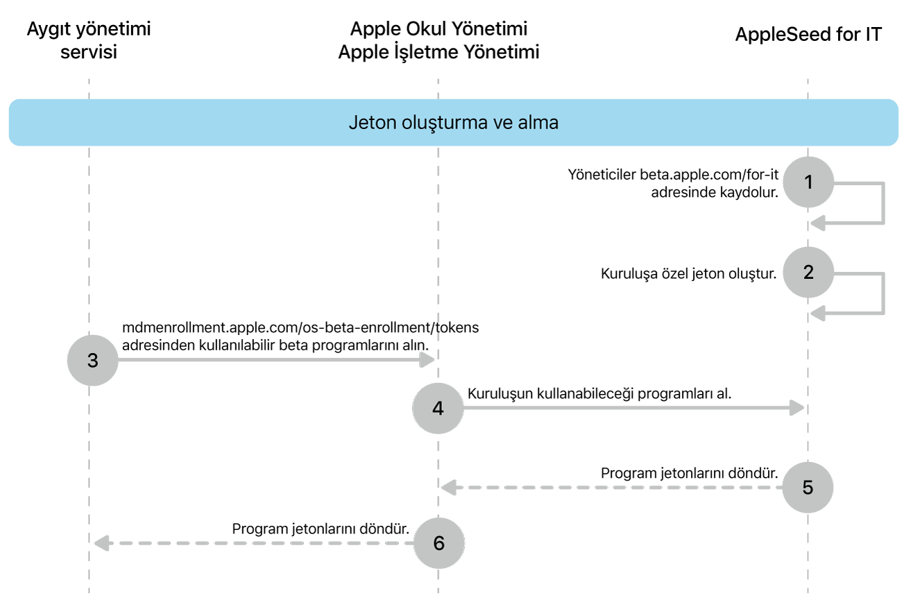 Yazılım güncellemelerini test etmek için beta programı jeton akışı.