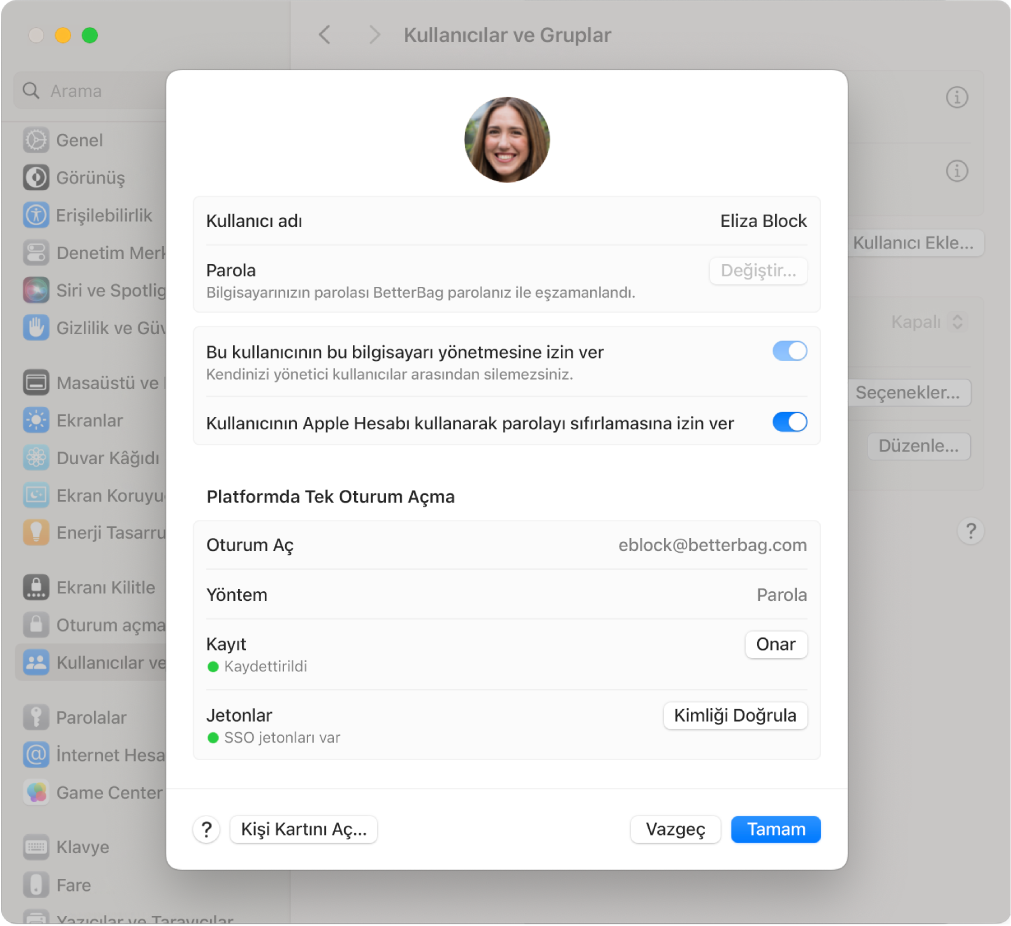 Platform SSO kullanarak giriş yapmış bir kullanıcıyı gösteren bir Mac penceresi.