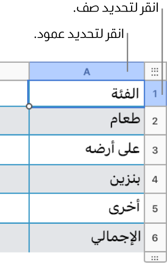 صف جدول محدد يتضمن وسائل شرح لتحديدات الصف والعمود.