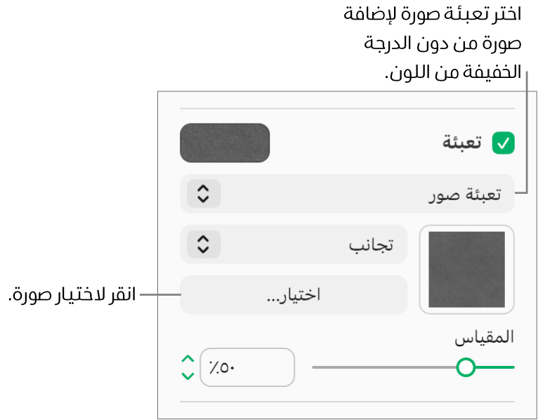 يتم تحديد خانة الاختيار "تعبئة" في الشريط الجانبي، ويتم اختيار "تعبئة الصورة" في القائمة المنبثقة أسفل خانة الاختيار. تظهر عناصر التحكم الخاصة باختيار الصورة، وكيفية تعبئتها للكائن، ومقياس الصورة أسفل القائمة المنبثقة. تظهر معاينة تعبئة الصورة في المربع (بعد اختيار صورة).