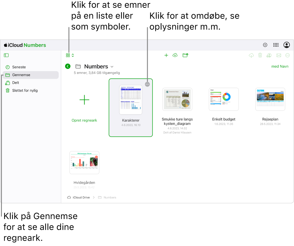 Dokumentadministrationen i oversigten til gennemsyn, der viser Numbers-dokumenter som symboler i et net. Knappen Mere (tre prikker) vises i øverste højre hjørne af det valgte regneark. Over regnearkene er der i venstre side af værktøjslinjen en lokalmenu, hvor du kan vælge at se emner som symboler eller på en liste. I højre side af værktøjslinjen er der knapper til at hente, samarbejde, e-maile eller slette.