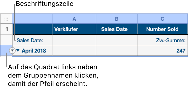 Die Zusammenfassungszeile ist in einer kategorisierten Tabelle ausgewählt und es erscheint ein Abwärtspfeil auf ihrem Rand. Die Beschriftungszeile über der Zusammenfassungszeile zeigt den Namen der Kategorie über dem Gruppennamen und den Namen einer Funktion (Zwischensumme) in der dritten Spalte an.