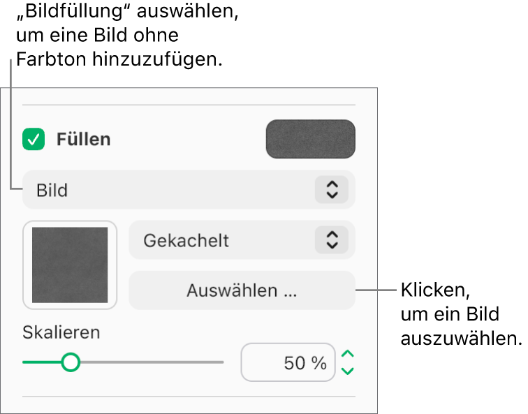 Das Markierungsfeld „Füllen“ ist aktiviert und „Bild“ ist im Einblendmenü unterhalb des Markierungsfelds ausgewählt. Steuerelemente zur Auswahl des Bildes, dazu, wie das Objekt gefüllt wird, sowie zum Skalieren des Bildes erscheinen unterhalb des Einblendmenüs. Eine Vorschau der Bildfüllung ist in dem Quadrat zu sehen (nachdem ein Bild ausgewählt wurde).