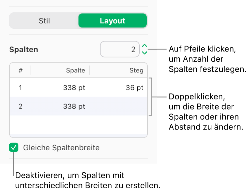 Die Steuerelemente für die Textspalten im Bereich „Layout“ der Seitenleiste „Format“.