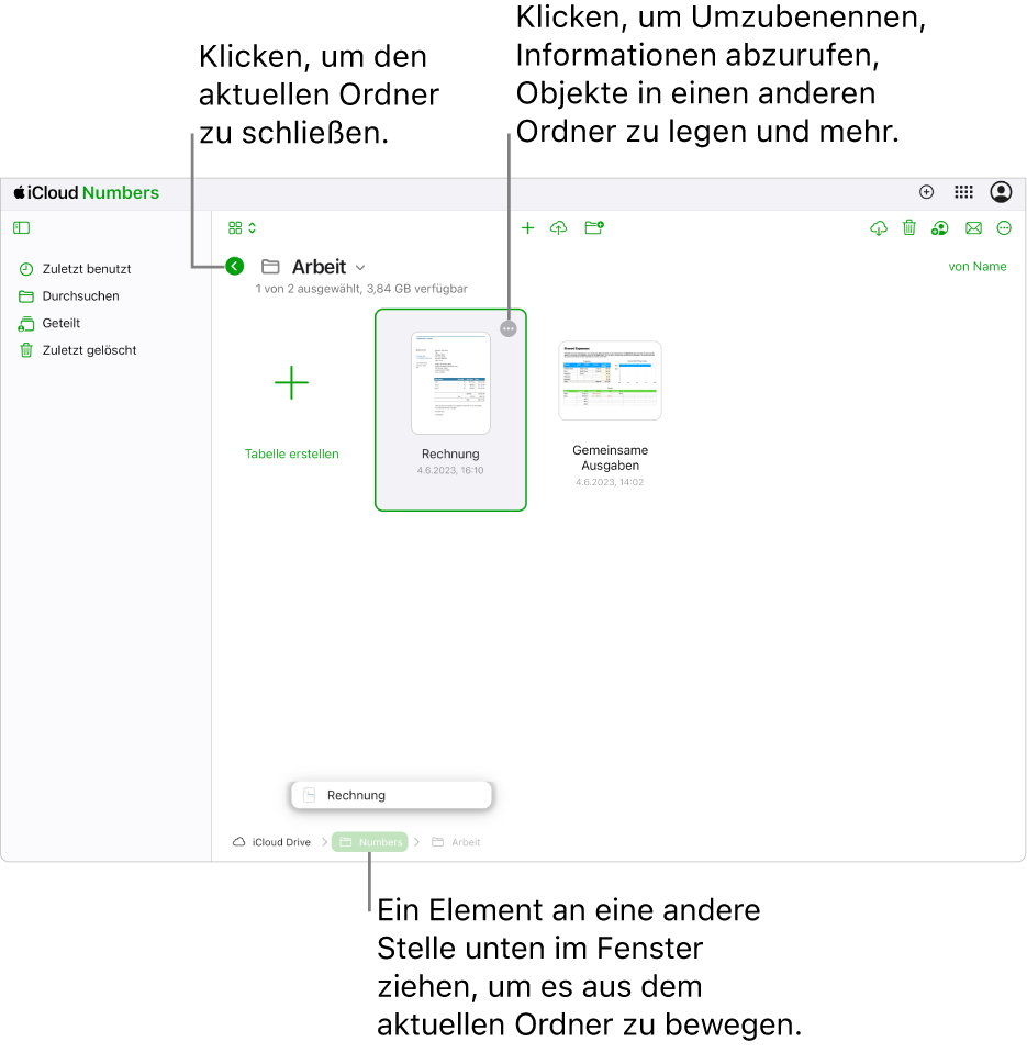 Der Dokumentenmanager in der Darstellung zum Durchsuchen ist zu sehen; eine Tabellenkalkulation wird an eine neue Position (im Numbers-Ordner) unten im Fenster gezogen. Unter der Symbolleiste wird die Taste „Zurück“ links neben dem aktuellen Ordnernamen (Arbeit) angezeigt.