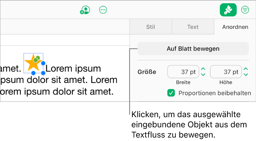 Ein eingebundenes Bild in einem Textfeld ist ausgewählt und eine Taste „Zum Blatt bewegen“ wird im Tab „Anordnen“ in der Seitenleiste angezeigt.