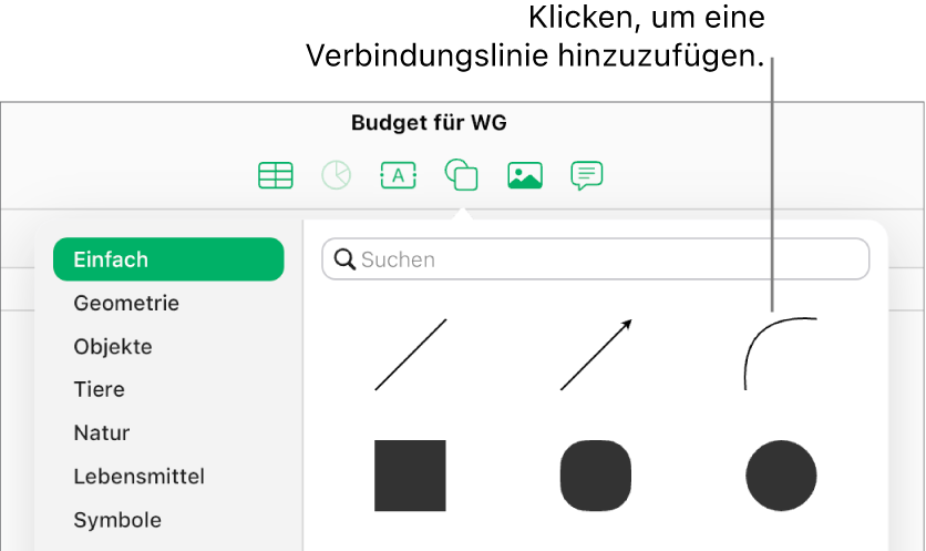Die Formen-Mediathek ist geöffnet. Links ist „Einfach“ ausgewählt und rechts wird eine Anzahl von Linien und Formen, einschließlich einer kurvenförmigen Linie, angezeigt.