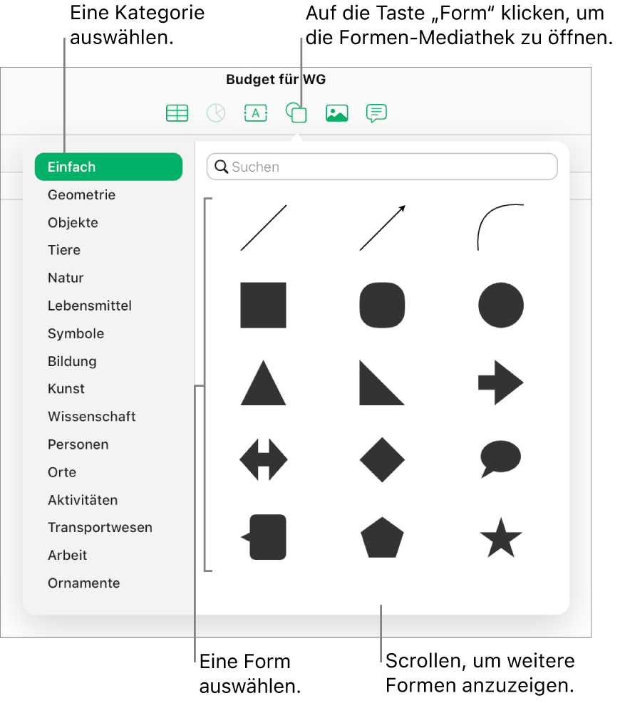Die Formen-Mediathek ist unterhalb der Taste „Form“ in der Symbolleiste geöffnet. Die Kategorie „Einfach“ ist auf der linken Seite ausgewählt und einige gängige Formen (unter anderem Kreise, Quadrate und Linien) werden auf der rechten Seite angezeigt.