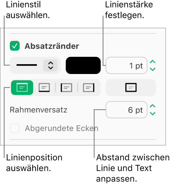 Das Markierungsfeld „Absatzrahmen“ ist im Tab „Layout“ in der Seitenleiste „Format“ aktiviert, und unter dem Markierungsfeld erscheinen Steuerelemente zum Ändern von Linienart,-farbe, -stärke, -position und -versatz.