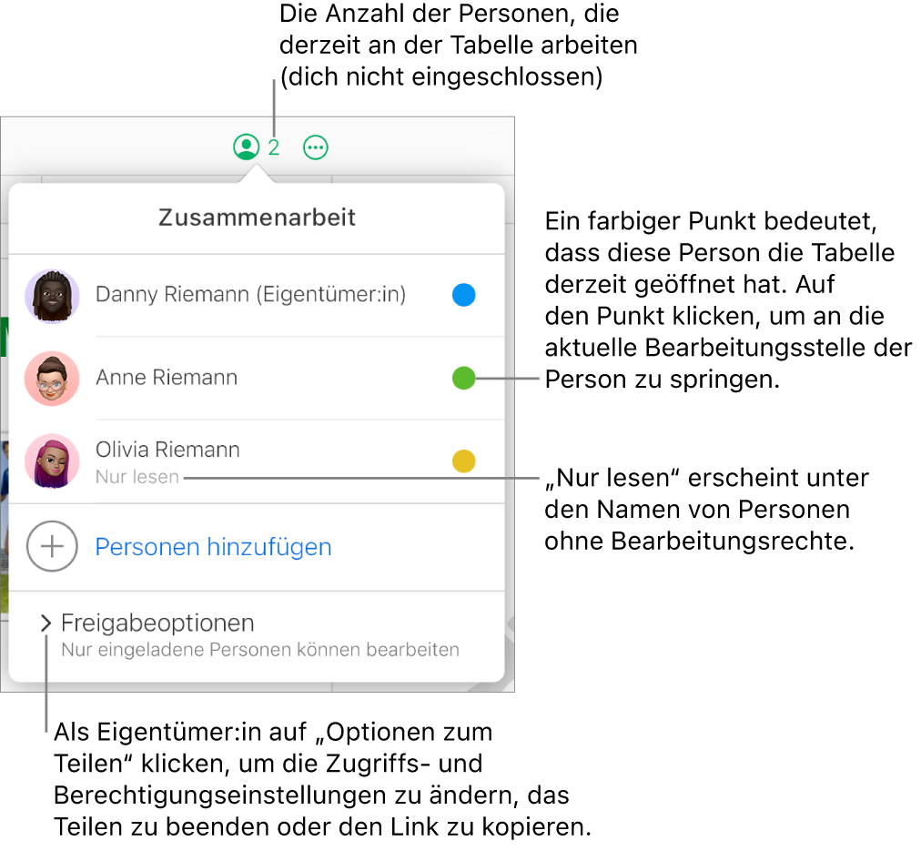 Das Menü „Zusammenarbeit“ ist geöffnet, eine Liste mit drei Teilnehmern (einer davon mit der Berechtigung „Nur lesen“), eine Option für „Personen hinzufügen“ und ein Bereich „Freigabe-Optionen“, indem die Verantwortlichen die Zugriffs- und Berechtigungseinstellungen ändern können, werden angezeigt.
