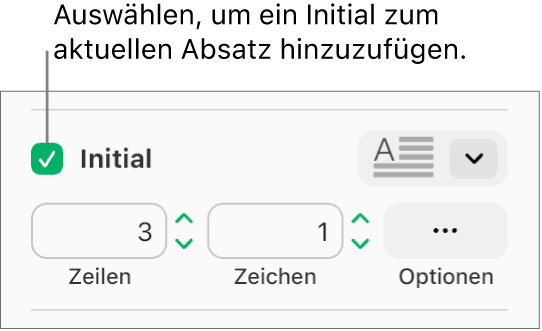 Das Feld „Initial“ ist markiert und rechts davon wird ein Einblendmenü angezeigt; Steuerelemente zur Einstellung der Zeilenhöhe, der Anzahl der Zeichen und weitere Optionen erscheinen darunter.