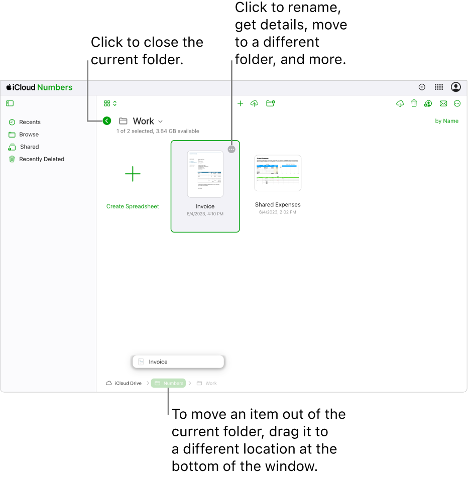 The document manager in Browse view, with a spreadsheet being dragged from the current folder to a new location (the Numbers folder) at the bottom of the window. Below the toolbar, a Back button appears to the left of the current folder name (Work).