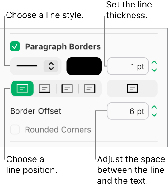 The Paragraph Borders checkbox is selected in the Layout tab of the Format sidebar, and controls to change the line style, color, thickness, position, and offset from the text appear below the checkbox.