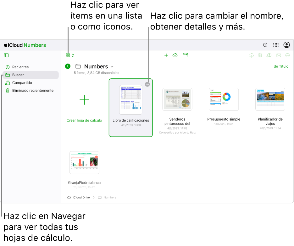 El gestor de documentos en vista de navegación, mostrando documentos de Numbers como iconos en una cuadrícula. El botón Más (tres puntos) está visible en la esquina superior derecha de la hoja de cálculo seleccionada. Por encima de las hojas de cálculo, el lado izquierdo de la barra de tareas tiene un menú emergente donde puedes seleccionar si visualizar los ítems como iconos o en una lista. En el lado derecho de la barra hay botones para descargar ítems, colaborar en ellos, enviarlos por correo electrónico o eliminarlos.