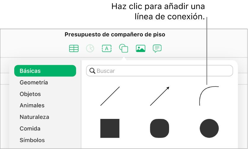 La biblioteca de figuras está abierta, con Básica seleccionado en la izquierda y, a la derecha, se ven unas líneas y figuras, incluyendo una línea curva.