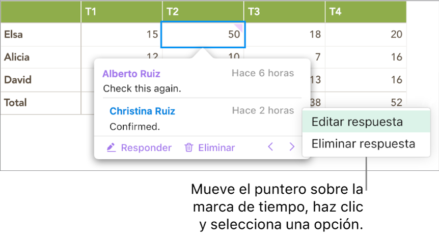 Un comentario con una respuesta, el puntero está sobre la marca de hora para responder. El menú emergente muestra dos opciones: “Editar respuesta” y “Eliminar respuesta”.