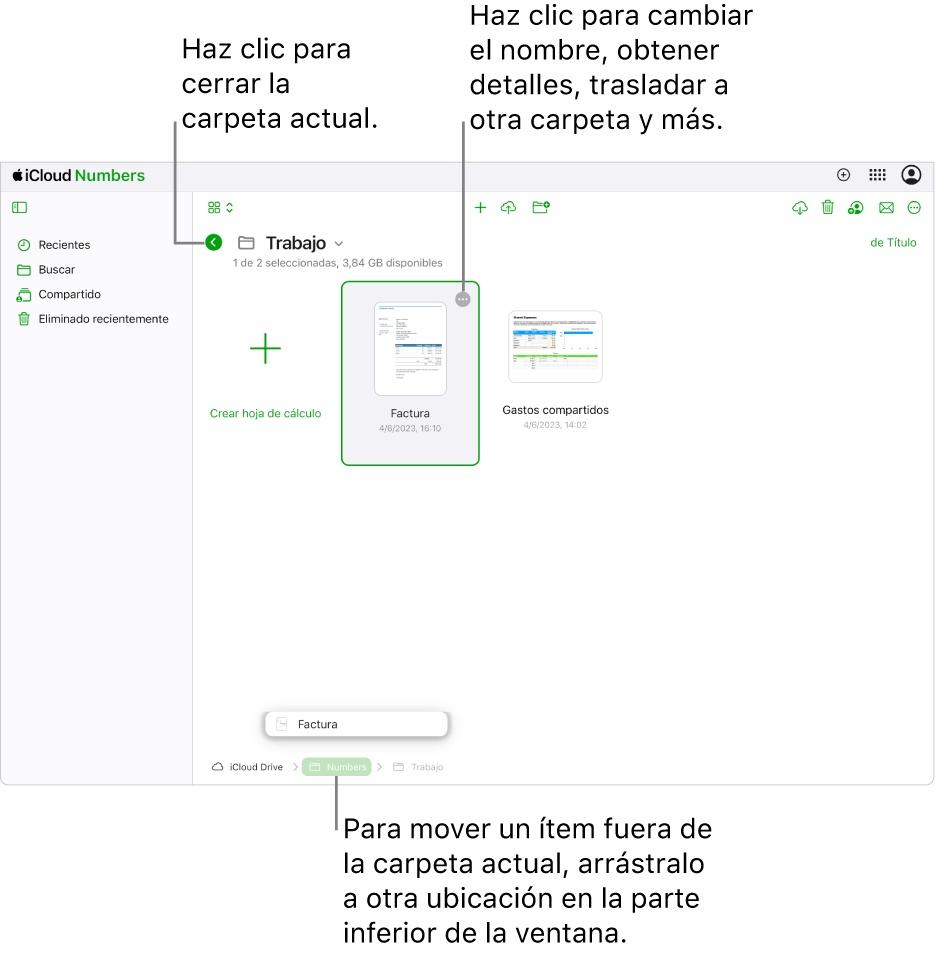 El gestor de documentos en vista de navegación. con una hoja de cálculo que se está arrastrando desde la carpeta actual a una nueva ubicación (la carpeta Numbers) en la parte inferior de la ventana. Debajo de la barra de herramientas, aparece un botón Atrás a la izquierda del nombre de carpeta actual (Work).