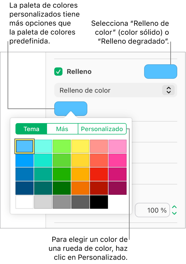 “Relleno de color” está seleccionado en el menú emergente debajo de la casilla Relleno y la paleta de colores que hay debajo muestra opciones de relleno de color adicionales.