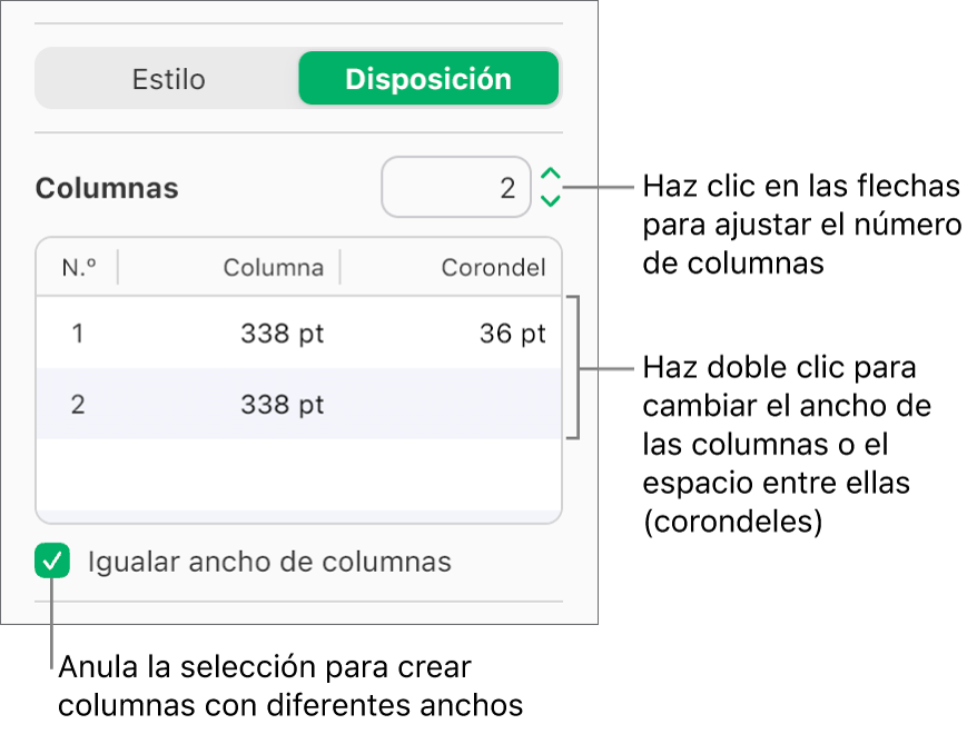 Controles de columna de texto en el panel Disposición de la barra lateral Formato.
