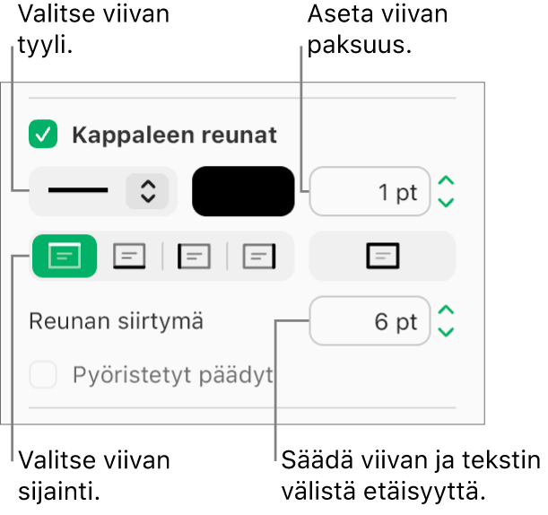 Kappaleen reunat ‑valintaneliö on valittu Muoto-sivupalkin Asettelu-välilehdellä. Valintaneliön alapuolella näytetään säätimet, joilla voi muuttaa viivan tyyliä, väriä, paksuutta, sijaintia ja tekstiin jätettävää väliä.
