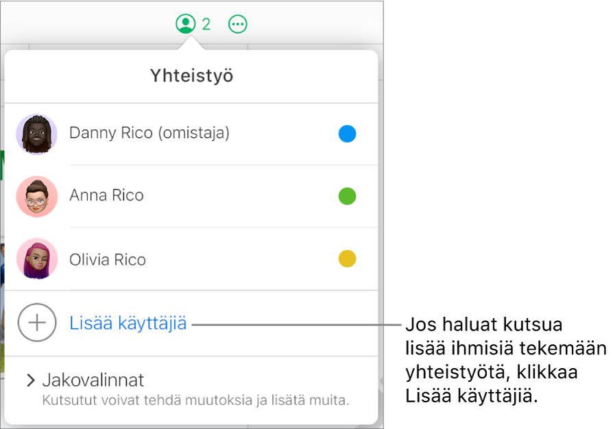 Yhteistyövalikko avoinna, osallistujaluettelon alla on Lisää henkilöitä -valinta.