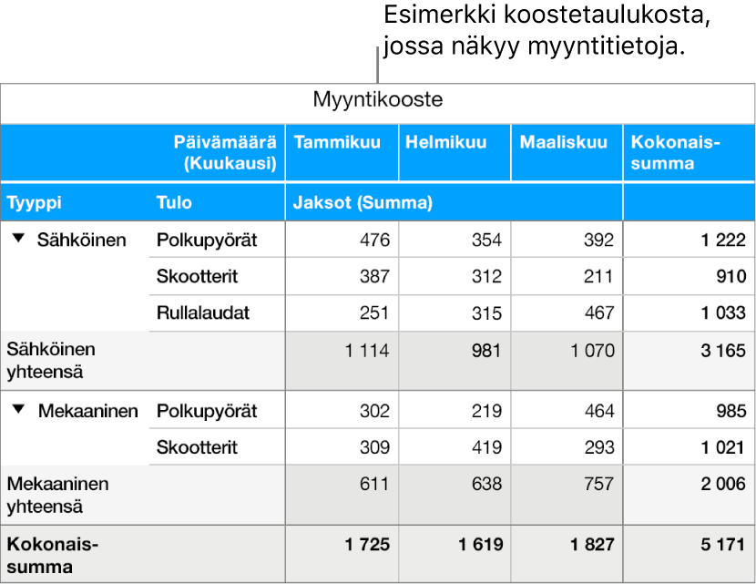 Koostetaulukossa näkyvät yhteenveto datasta polkupyörille, skoottereille ja rullalaudoille ja säätimet tietyn datan näyttämistä varten.