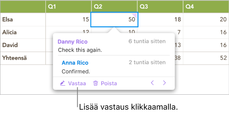 Kuvassa on kommentti, jossa on yksi vastaus ja jossa näkyy Valmis-painike oikealla alhaalla.
