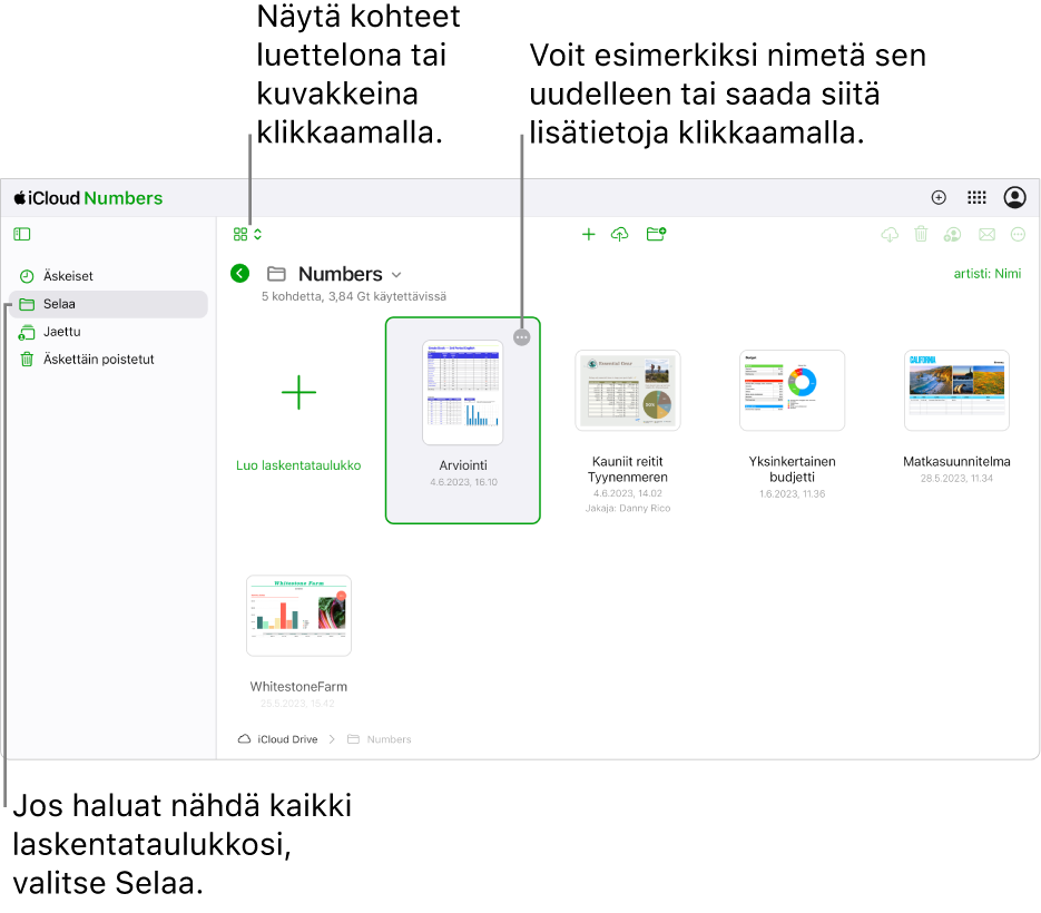 Dokumenttinäkymä on selausnäkymässä, ja Numbers-dokumentit näkyvät siinä kuvakkeina ruudukossa. Lisää-painike (kolme pistettä) näkyy valitun laskentataulukon oikeassa yläkulmassa. Laskentataulukoiden yläpuolella työkalupalkissa vasemmalla on ponnahdusvalikko, jossa voit valita kohteiden näyttämisen kuvakkeina tai luettelossa. Työkalupalkissa oikealla ovat painikkeet lataamista, yhteistyötä, sähköpostin lähettämistä ja poistamista varten.