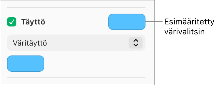 Täyttö-valintaneliö on valittuna sivupalkissa ja valmiiksi määritettyjen värien värivalitsin valintaneliön oikealla puolella on täytetty violetilla. Valintaneliön alla ponnahdusvalikossa on valittuna Väritäyttö.