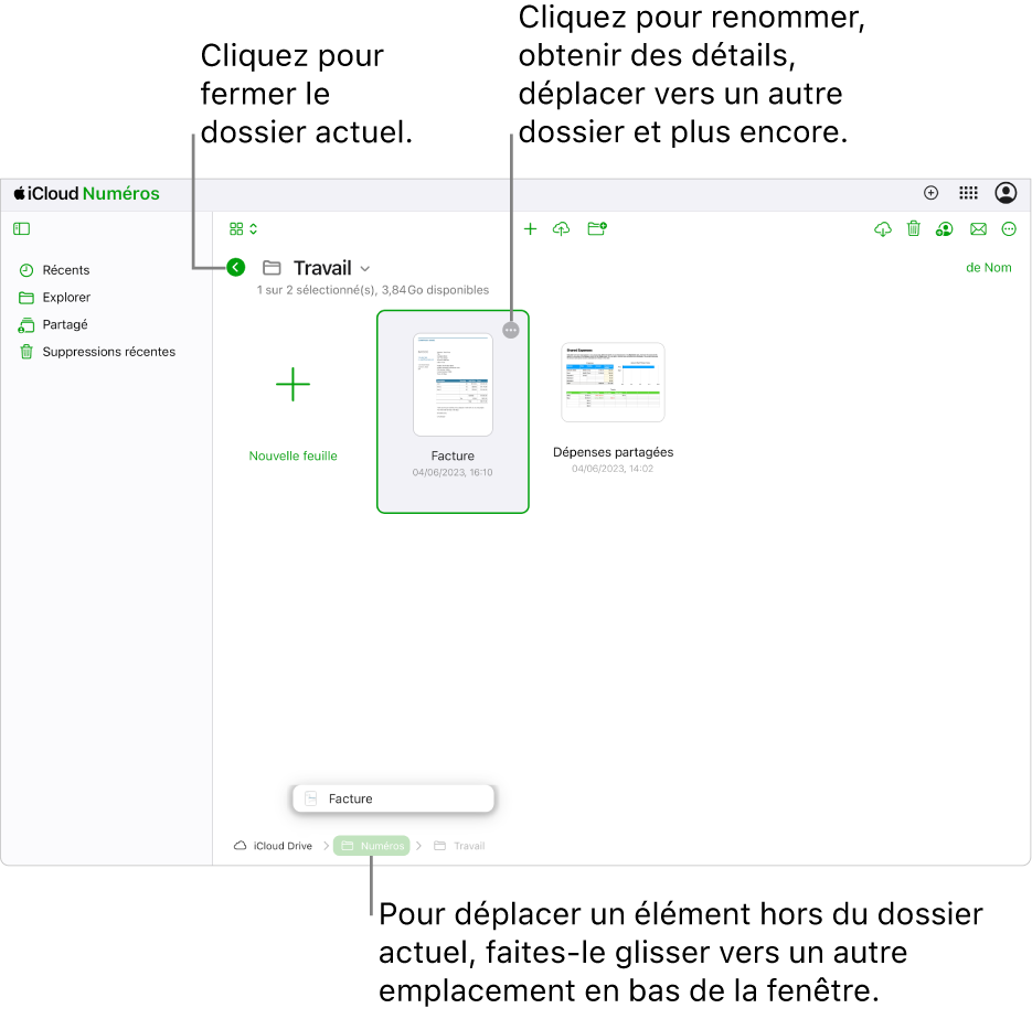 Le gestionnaire de documents en présentation de navigation, montrant le glissement d’une feuille de calcul du dossier actuel vers un nouvel emplacement (le dossier Numbers) au bas de la fenêtre. Sous la barre latérale, un bouton Retour s’affiche à gauche du nom du dossier en cours (Travail).