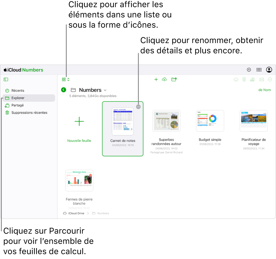 Le gestionnaire de documents en présentation de navigation, montrant des documents Numbers sous forme d’icônes dans une grille. Le bouton Plus (trois points) est visible dans le coin supérieur droit de la feuille de calcul sélectionnée. Au-dessus des feuilles de calcul, le côté gauche de la barre d’outils dispose d’un menu local où vous pouvez choisir d’afficher les éléments sous forme d’icônes ou dans une liste. Sur le côté droit de la barre d’outils se trouvent des boutons permettant de télécharger, collaborer, envoyer un e-mail ou supprimer.