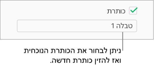 תיבת הסימון ״כותרת״ נבחרת בסרגל הצד ״עיצוב״. שדה המלל מתחת לתיבת הסימון מציג את כותרת הטבלה של מציין המיקום, 'טבלה 1'.