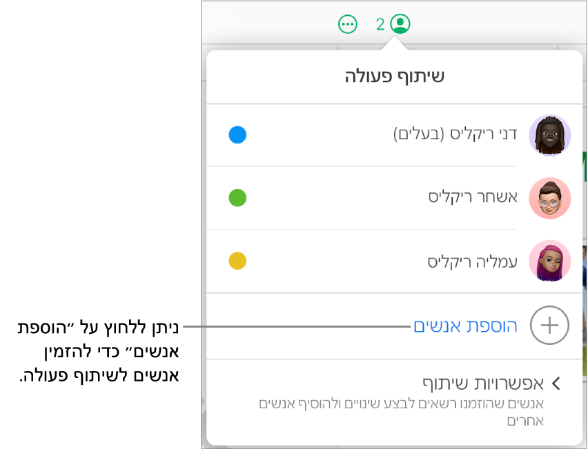 התפריט ״שיתוף פעולה״ פתוח, ומציג את האפשרות ״הוספת אנשים״ מתחת לרשימת המשתתפים.